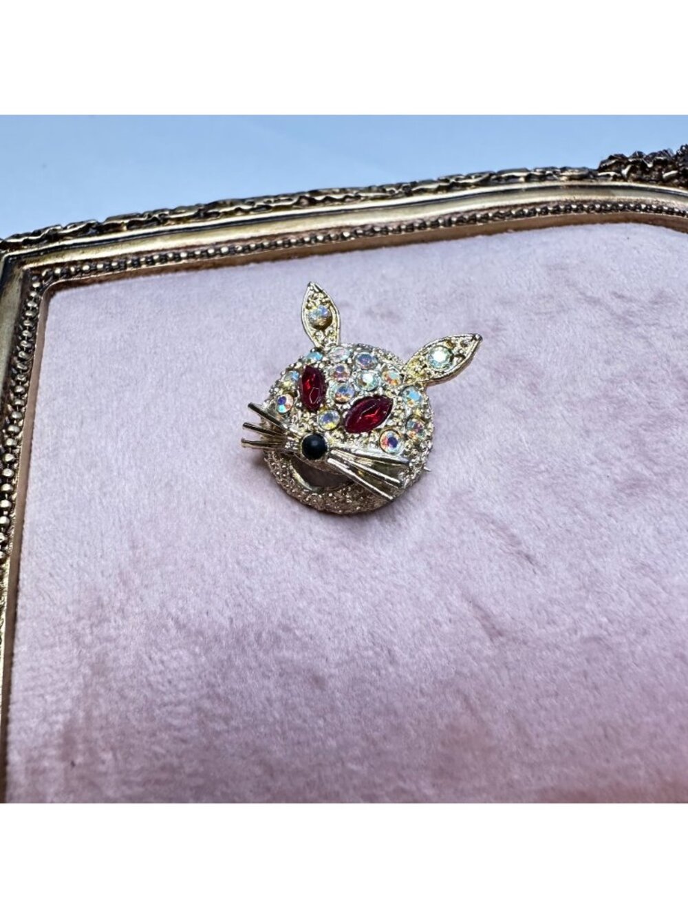 Vintage Aurora Borealis Crystal Rabbit Brooch Pin Red Rhinestone Eyes Gold-Tone - Picture 14 of 16